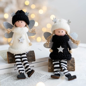 Christmas plush angel doll tabletop ornaments with white knitting and silver sequins
