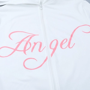 Close-up of white zip-up hoodie featuring pink artistic Angel typography print