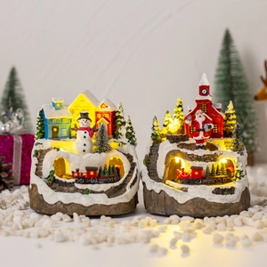 Christmas Snow Village Ornament Resin LED Light Music Rotating Train Santa Snowman Xmas Holiday Desktop Decor Gift