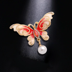 Butterfly Brooch Pin Alloy Enamel Wings Rhinestone Decor Faux Artificial Pearl Pendant Elegant Vintage Jewelry For Women