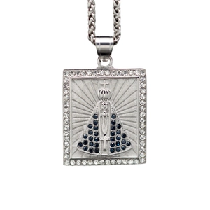 Polished silver stainless steel Virgin Mary pendant with blue and clear crystals