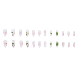 Pink and green gradient press-on nails with 3D white flower motifs and pearl accents