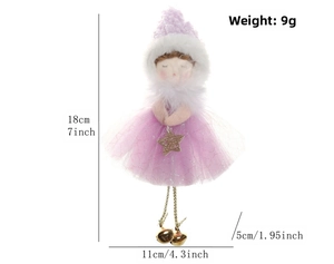 Detail of a purple Christmas angel doll ornament with size specs 18cm height and 11cm width