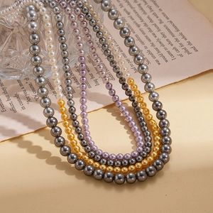 Retro multilayer pearl necklace with grey, cream, lilac and golden beads for women