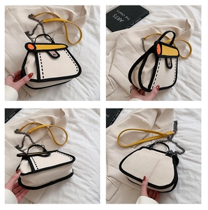 Detail view of 2D cartoon style canvas bag showing black outlines and yellow strap