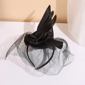Halloween black witch hat headband with vintage mesh veil, feather and satin rose details