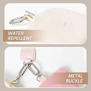 Water repellent beige fabric and durable metal buckle detail on wristlet bag
