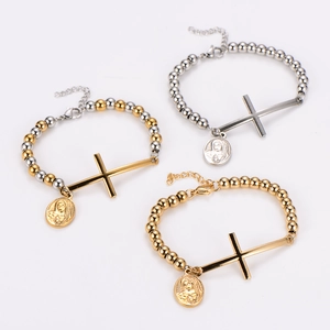 Modisches Edelstahl-Perlenarmband mit Kreuz und Medaillen-Anhängern in drei Farben