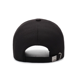 Rear view of black cotton baseball cap with adjustable strap and metal buckle closure