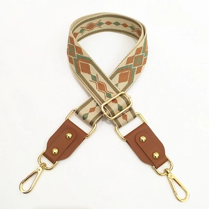 Adjustable canvas bag strap with geometric ethnic pattern and golden metal buckles