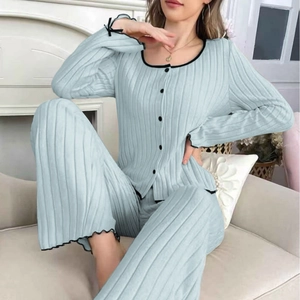 Women's light blue ribbed pajamas set with button-up cardigan and wide leg pants