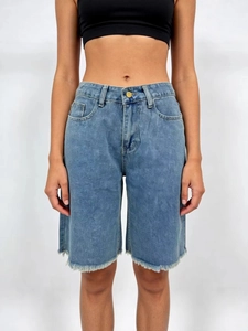 Women High Waisted Denim Bermuda Shorts Frayed Hem Washed Blue Straight Leg Casual Retro Denim Shorts