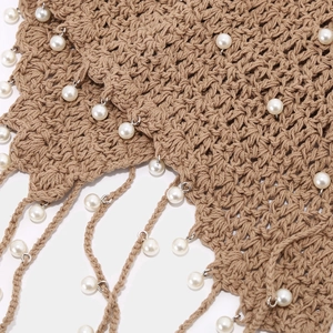 Handmade crochet hat for women with elegant pearl tassels and intricate knit patterns