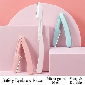 Set of safe folding eyebrow razors with micro-mesh guards in pink, white, and blue colors