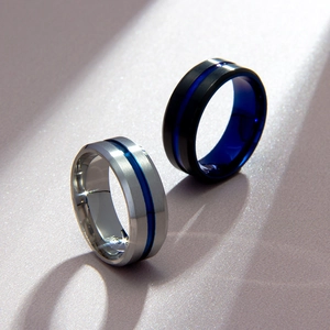 8mm brushed steel rings for men with blue center grooves in black and silver