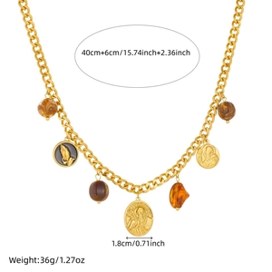 Gold vintage stainless steel chain necklace with brown resin beads and relief medals