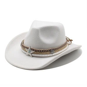 White vintage felt cowboy hat with braided rope, metal star and turquoise center stone