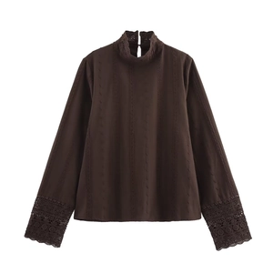 Women Elegant Lace Patchwork Blouse Cotton Blend Stand Collar Long Sleeve Hollow Out Embroidery Vintage Top Dark Brown