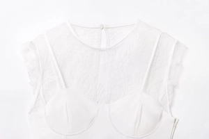 Close-up of white lace patchwork tank top featuring delicate shoulder straps and neckline