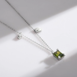 Minimalist S925 sterling silver necklace featuring a square green gemstone pendant charm
