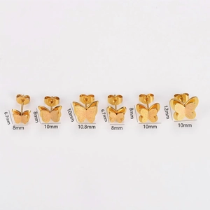 Golden matte butterfly stud earring set in various sizes from 6.7mm to 12mm