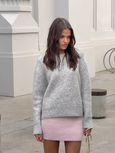 Chic women grey round neck knit sweater and pink mini skirt set for autumn style