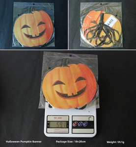 Macro view of pumpkin banner measurements and weight for Halloween party decoration