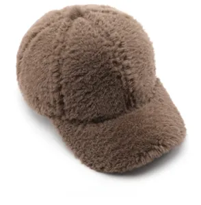 Top view of deep brown plush faux fur baseball hat showing soft winter fabric texture