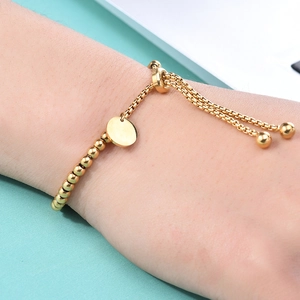 18K gold plated stainless steel beaded bracelet with adjustable 10mm round tag charm