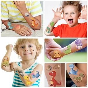 Multiple views of colorful waterproof cartoon dinosaur temporary tattoos on kids' skin