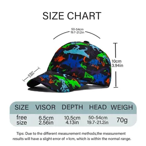 Size chart for kids dinosaur baseball cap showing head circumference 50-54cm and dimensions