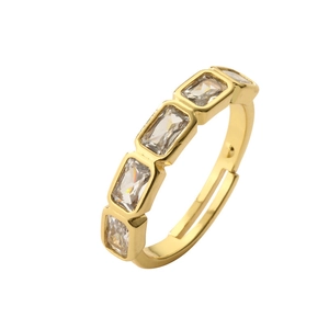 Bague couronne plaquée or avec cinq zircons rectangulaires et anneau ouvert ajustable
