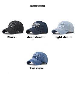 Detail showing NYC embroidered baseball caps in four vintage washed denim colors