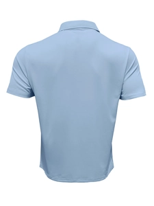 Rear view of men's light blue short sleeve polo shirt featuring smooth polyester fabric