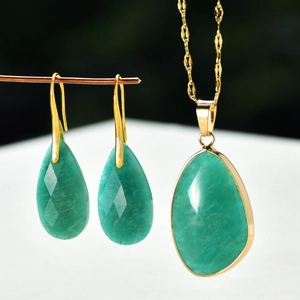 Detail of luxury gold teardrop jewelry set featuring vibrant green gemstones and gold trim