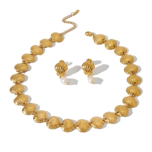 18K gold plated stainless steel shell necklace and pearl drop earrings set for women