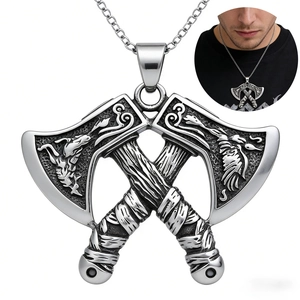 Viking Double Axe Pendant Necklace Stainless Steel Vintage Nordic Mythology Gothic Style Carved Jewelry For Men Boys