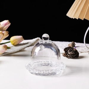 European transparent crystal glass cake dome set with beaded base and spherical handle lid