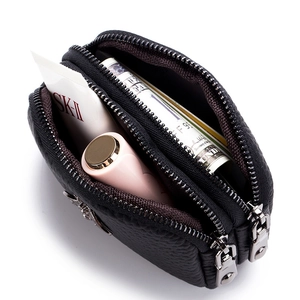 Black pebbled leather mini coin purse with double zippers and spacious dual compartments