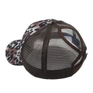 Detailed back view of leopard print ponytail baseball cap with breathable mesh design