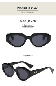 Detail view of retro geometric cat eye sunglasses with gold metal temple accents