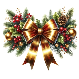 Christmas wall decal with gold bow green pine branches and festive berry decorations