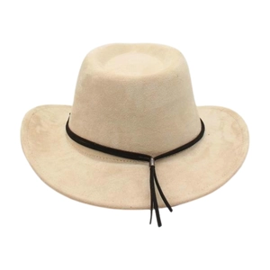 Detailed view of beige faux suede fedora hat with brown tassel band on white background