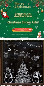 Detailed white hand-drawn Christmas window stickers featuring reindeer, snowmen and trees