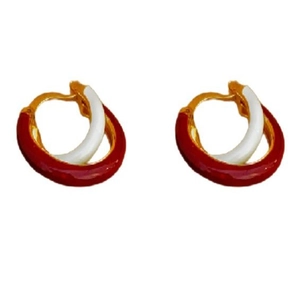 French vintage red and white enamel hoop earrings with a polished gold-tone metal base