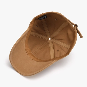 Brown washed cotton baseball cap with six-panel structure and metal adjustment buckle