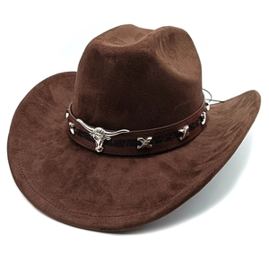 Western Cowboy Hat Suede Texture Wide Brim Bull Head Metal Buckle Retro Ethnic Style Fedora For Men Women