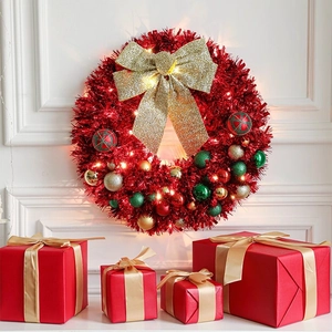 Christmas Wreath Artificial Pine Tinsel With Large Bow And Decorative Balls For Front Door Festive Holiday Home Ornament