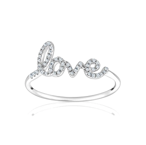 Macro shot of silver Love letter ring with sparkling cubic zirconia pavé stones