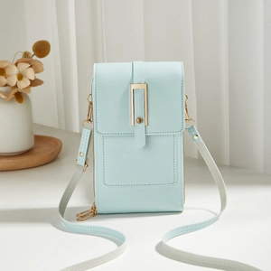 Borsa a tracolla verticale celeste in pelle PU con finiture dorate e tracolla regolabile